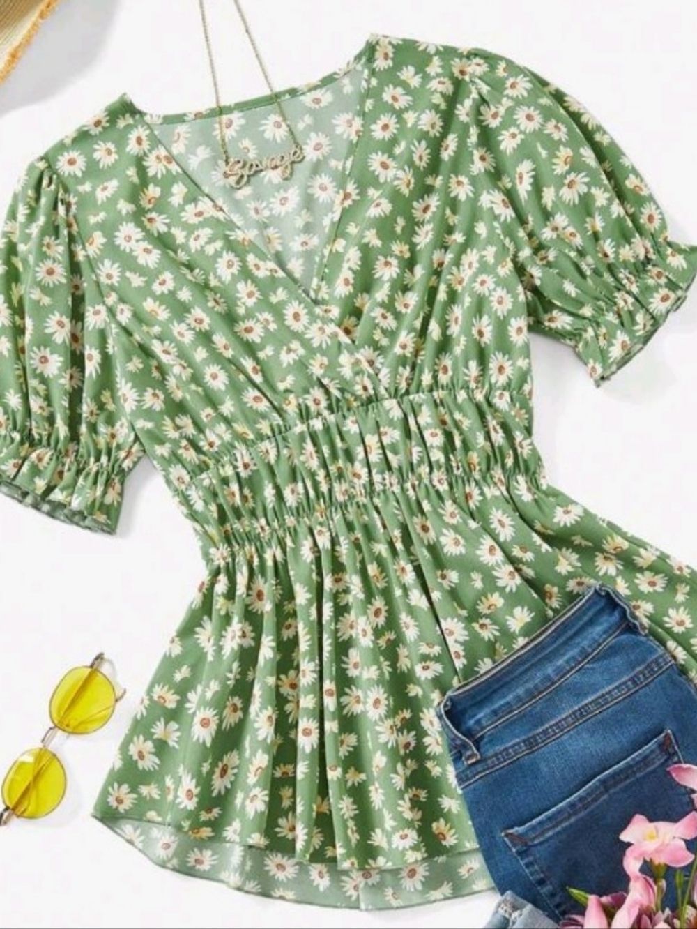 Green Daisy Print Smocked Waist V-Neck Top - Picture 1 of 5